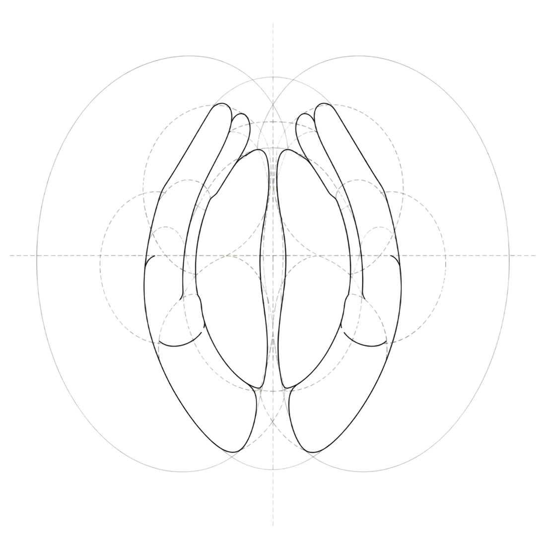 Construction sketch of the Idle Hands mark: cupped hands forming a coffee bean on geometric guidelines